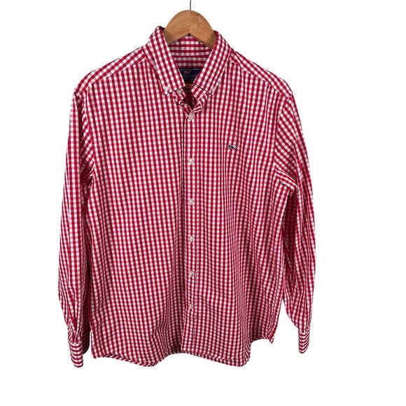 Vineyard Vines Men's Large Red Check Plaid Window Pane Button Down Whale Shirt - Picture 11 of 12